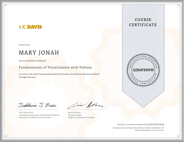 Fundamentals of Data Visualization with Tableau Certificate